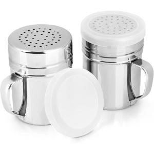 imageAccmor 2pcs Stainless Steel Dredge Salt Pepper Dredge Shakers with Handle Seasonings Spice Shakers with Lid 6 OunceMedium10oz