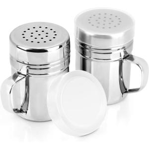 imageAccmor 2pcs Stainless Steel Dredge Salt Pepper Dredge Shakers with Handle Seasonings Spice Shakers with Lid 6 OunceSmall6oz