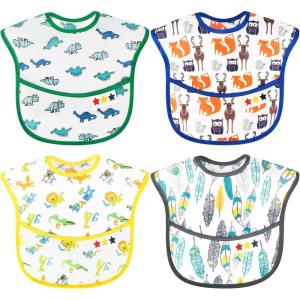 imageAccmor 4 Pack Baby Bibs Waterproof Sleeved Bibs for Eating Feeding Toddler Baby Girls Boys Smock BibsDinosaurOwlLionFeather
