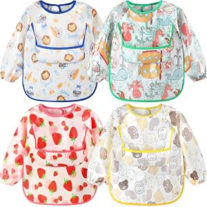 imageAccmor 4 Pack Long Sleeve Baby Bibs Waterproof Sleeved Bibs for Eating Feeding Toddler Baby Girls Boys Smock BibsReversible PocketanimalsOceanStrawberryRabbit