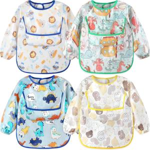 imageAccmor 4 Pack Long Sleeve Baby Bibs Waterproof Sleeved Bibs for Eating Feeding Toddler Baby Girls Boys Smock BibsReversible PocketdinosaursAnimalsOceanRabbit 