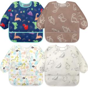 imageAccmor 4 Pack Long Sleeve Bibs Baby Smock Waterproof Sleeved Bib Smock for Baby Toddler 636 MonthsBlue DinosaurBrown DinosaurMonster
