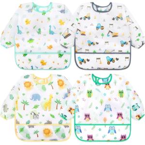 imageAccmor 4 Pack Long Sleeve Bibs Baby Smock Waterproof Sleeved Bib Smock for Baby Toddler 636 MonthsBlue DinosaurConstructionYellow AnimalGreen Owl