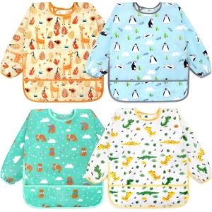 imageAccmor 4 Pack Long Sleeve Bibs Baby Smock Waterproof Sleeved Bib Smock for Baby Toddler 636 MonthsGiraffesBlue PenguinsGreen BearsDinosaurs