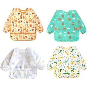 imageAccmor 4 Pack Long Sleeve Bibs Baby Smock Waterproof Sleeved Bib Smock for Baby Toddler 636 MonthsGiraffesGreen BearsWhite Polar BearDinosaurs