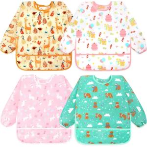 imageAccmor 4 Pack Long Sleeve Bibs Baby Smock Waterproof Sleeved Bib Smock for Baby Toddler 636 MonthsYellow GiraffeWhite GiftPink RabbitGreen Bear