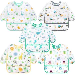 imageAccmor 5 Pack Long Sleeve Bibs Baby Smock Waterproof Sleeved Bib Smock for Baby Toddler 636 MonthsDinosaursConstructionForestOwlOcean
