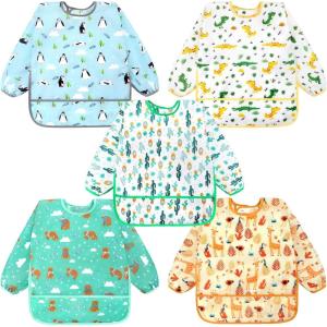 imageAccmor 5 Pack Long Sleeve Bibs Baby Smock Waterproof Sleeved Bib Smock for Baby Toddler 636 MonthsPenguinsDinosaursGiraffeBearsCactus