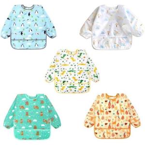 imageAccmor 5 Pack Long Sleeve Bibs Baby Smock Waterproof Sleeved Bib Smock for Baby Toddler 636 MonthsPenguinsPolar BearDinosaursBearsGiraffe