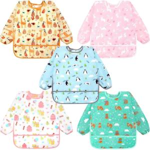 imageAccmor 5 Pack Long Sleeve Bibs Baby Smock Waterproof Sleeved Bib Smock for Baby Toddler 636 MonthsRabbit GiraffePenguinsBearsGift
