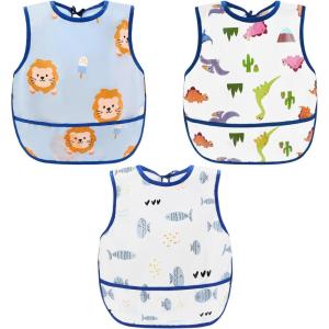imageAccmor Baby Bibs Waterproof Baby Toddler Apron Bib Short Sleeved Bibs for Baby Boys Girls3pcslion  Dinosaur  Fish