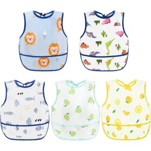 imageAccmor Baby Bibs Waterproof Baby Toddler Apron Bib Short Sleeved Bibs for Baby Boys Girls5pcslion  Dinosaur  Fish  Pear  Lemon 
