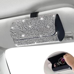 imageAccmor Bling Sunglasses Holder for Car Sun Visor Sparkling Auto Glasses Clip Case Eyeglasses Protective Box PU Leather Car Sunglass Storage Organizer for Truck SUV RV Black CrystalBling White