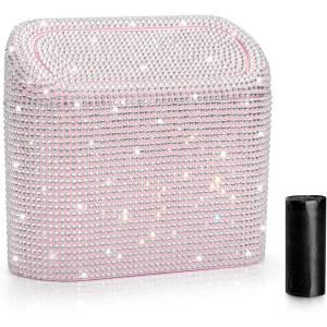 imageAccmor Car Trash Can with Lid Mini Auto Dustbin Garbage Organizer Holder 2 Packs Automotive Storage Container Bin with 60 Pcs Bags for Vehicle Home OfficeLight PinkWhite Rhinestone