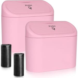 imageAccmor Car Trash Can with Lid Mini Auto Dustbin Garbage Organizer Holder 2 Packs Automotive Storage Container Bin with 60 Pcs Bags for Vehicle Home OfficePink  Pink