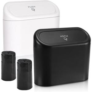 imageAccmor Car Trash Can with Lid Mini Auto Dustbin Garbage Organizer Holder 2 Packs Automotive Storage Container Bin with 60 Pcs Bags for Vehicle Home OfficeBlack  White