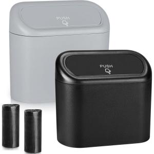 imageAccmor Car Trash Can with Lid Mini Auto Dustbin Garbage Organizer Holder 2 Packs Automotive Storage Container Bin with 60 Pcs Bags for Vehicle Home OfficeBlack  Grey