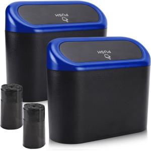 imageAccmor Car Trash Can with Lid Mini Auto Dustbin Garbage Organizer Holder 2 Packs Automotive Storage Container Bin with 60 Pcs Bags for Vehicle Home OfficeBlackBlue Lid  BlackBlue Lid