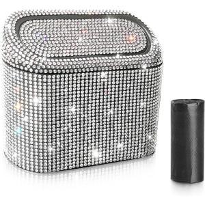 imageAccmor Car Trash Can with Lid Mini Auto Dustbin Garbage Organizer Holder 2 Packs Automotive Storage Container Bin with 60 Pcs Bags for Vehicle Home OfficeBlackWhite Rhinestone