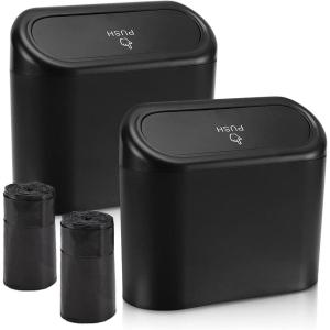imageAccmor Car Trash Can with Lid Mini Auto Dustbin Garbage Organizer Holder 2 Packs Automotive Storage Container Bin with 60 Pcs Bags for Vehicle Home OfficeBlack  Black