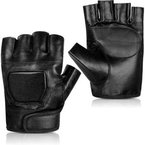 imageAccmor Genuine Leather Cycling Fingerless Gloves Outdoor Driving Motorcycle Sport Half Finger Glove for Men Women Teens