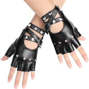 imageAccmor Leather Punk Gloves Fingerless Gloves for Women Driving Cycling Sports Cosplay Performance Half Finger Gloves for Women Teens Kids