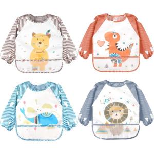 imageAccmor Long Sleeve Baby Bibs Waterproof Sleeved Bibs Smock for Toddler Baby Girls Boys Eating Feeding4pcsbrown BearRed Dinosaur Blue WhaleGray Lion