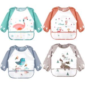 imageAccmor Long Sleeve Baby Bibs Waterproof Sleeved Bibs Smock for Toddler Baby Girls Boys Eating Feeding4pcsgray Bird Red Fox Green FlamingoBrown Elk