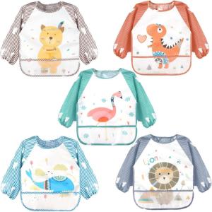 imageAccmor Long Sleeve Baby Bibs Waterproof Sleeved Bibs Smock for Toddler Baby Girls Boys Eating Feeding5pcsbearDinosaur Whale Lion Flamingo