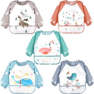 imageAccmor Long Sleeve Baby Bibs Waterproof Sleeved Bibs Smock for Toddler Baby Girls Boys Eating Feeding5pcsbird Fox Flamingo Elk Whale