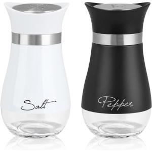 imageAccmor Salt and Pepper Shakers Set 4 oz Stainless Steel Salt Pepper Shaker Containers with Glass Bottom for Kitchen Cooking BBQ Bar Table RV CampBlackWhite