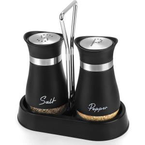 imageAccmor Salt and Pepper Shakers Set 4 oz Stainless Steel Salt Pepper Shaker Containers with Glass Bottom for Kitchen Cooking BBQ Bar Table RV CampBlack with Holder