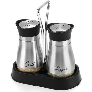 imageAccmor Salt and Pepper Shakers Set 4 oz Stainless Steel Salt Pepper Shaker Containers with Glass Bottom for Kitchen Cooking BBQ Bar Table RV CampSilver with Holder