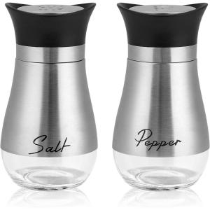 imageAccmor Salt and Pepper Shakers Set 4 oz Stainless Steel Salt Pepper Shaker Containers with Glass Bottom for Kitchen Cooking BBQ Bar Table RV CampSilver