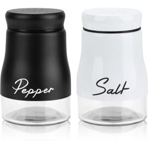 imageAccmor Salt and Pepper Shakers Set 5oz Stainless Steel Salt and Pepper Shakers Seasoning Container with Glass Bottom for Home Cooking Restaurants Bar BBQBlackWhite