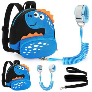 imageAccmor Toddler Backpack Harness with Safety Leash Cute Dinosaur Harnesses with Kids Anti Lost Wrist Link Mini Child Schoolbag with Wristband Tether Strap and Protection Leashes for Baby boys BlackBlackDark Blue Dinosaur