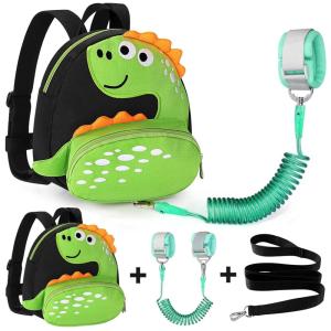imageAccmor Toddler Backpack Harness with Safety Leash Cute Dinosaur Harnesses with Kids Anti Lost Wrist Link Mini Child Schoolbag with Wristband Tether Strap and Protection Leashes for Baby boys BlackBlackLightgreen Dinosaur