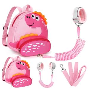imageAccmor Toddler Backpack Harness with Safety Leash Cute Dinosaur Harnesses with Kids Anti Lost Wrist Link Mini Child Schoolbag with Wristband Tether Strap and Protection Leashes for Baby boys BlackLight PinkRose Pink Dinosaur