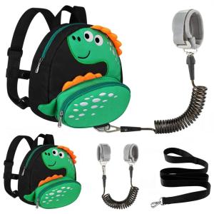 imageAccmor Toddler Backpack Harness with Safety Leash Cute Dinosaur Harnesses with Kids Anti Lost Wrist Link Mini Child Schoolbag with Wristband Tether Strap and Protection Leashes for Baby boys BlackBlackGreen Dinosaur  Black Link