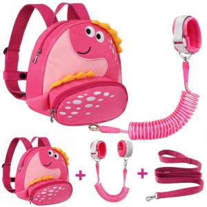 imageAccmor Toddler Backpack Harness with Safety Leash Cute Dinosaur Harnesses with Kids Anti Lost Wrist Link Mini Child Schoolbag with Wristband Tether Strap and Protection Leashes for Baby boys BlackPink Dinosaur