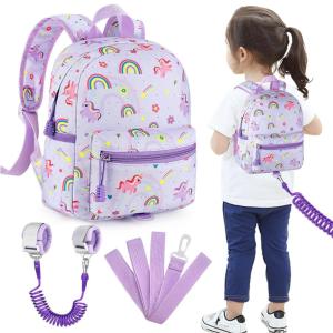 imageAccmor Toddler Backpack Leash Mini Child Backpack with Anti Lost Wrist Link Cute Kids Backpack Walking Harness for Outdoor Travel Adorable Excavator Backpack Tether for Baby Boys Girls Ages 13Light Purple  Purple Link