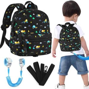 imageAccmor Toddler Backpack Leash Mini Child Backpack with Anti Lost Wrist Link Cute Kids Backpack Walking Harness for Outdoor Travel Adorable Excavator Backpack Tether for Baby Boys Girls Ages 13BlackExcavator  Black Link