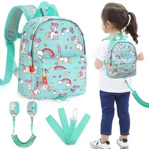 imageAccmor Toddler Backpack Leash with Anti Lost Wrist Link Cute Mini Child Walking Harnesses Keep Kids Close Back Pack Rope Tether Rein for Baby Boys BlueExcavatorCyanUnicorn  Green Link