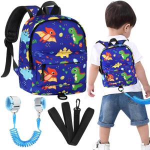 imageAccmor Toddler Backpack Leash with Anti Lost Wrist Link Cute Mini Child Walking Harnesses Keep Kids Close Back Pack Rope Tether Rein for Baby Boys BlueExcavatorBlueLeaf Dino  Blue Link