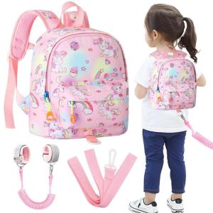 imageAccmor Toddler Backpack Leash with Anti Lost Wrist Link Cute Mini Child Walking Harnesses Keep Kids Close Back Pack Rope Tether Rein for Baby Boys BlueExcavatorPink ColorfulUnicorn  Pink Link