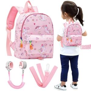 imageAccmor Toddler Backpack Leash with Anti Lost Wrist Link Cute Mini Child Walking Harnesses Keep Kids Close Back Pack Rope Tether Rein for Baby Boys BlueExcavatorPinkUnicorn  Pink Link
