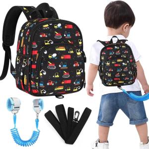 imageAccmor Toddler Backpack Leash with Child Anti Lost Wrist Link Mini Kids Back Pack Walking Harnesses Leashes for Travel Small Excavator Backpack Tether for Baby Boys Ages 13Black