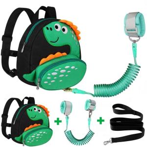 imageAccmor Toddler Harness Backpack Leash Cute Dinosaur Backpacks with Anti Lost Wrist Link Cute Mini Child Backpack Wristband Tether Strap and Protection Leashes for Boys Girls Aged 13 YearsBlackGreen Dinosaur  Green Link