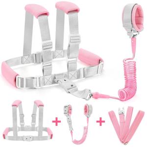 imageAccmor Toddler Harness Leash Reflective Kid Harness with Anti Lost Wrist Link Child Walking Harness Kids Leash Wristband Belt with Lock for Baby Boys Girls to Outdoor TravelPinkGray