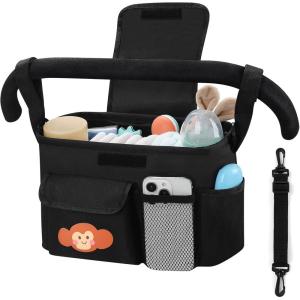 imageAccmor Universal Stroller Organizer with Detachable Phone Bag Stroller Bag Caddy Organizer Stroller Accessories for Uppababy Baby Jogger Nuna Doona Britax StrollersWith Shoulder StrapMonkey